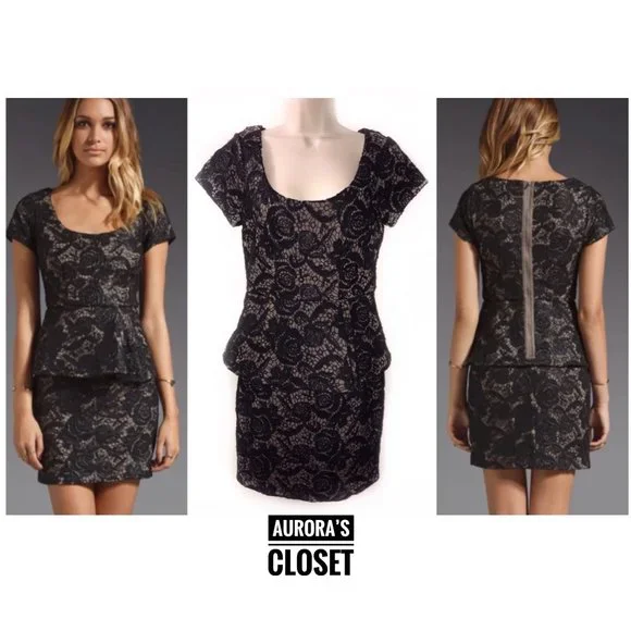 Tracy Reese Dresses | Tracy Reese 4 Black Lace Peplum Dress Nude Underlay Guipure Nwt | Color: Black/Tan | Size: 4 | Auroracloset907's Closet
